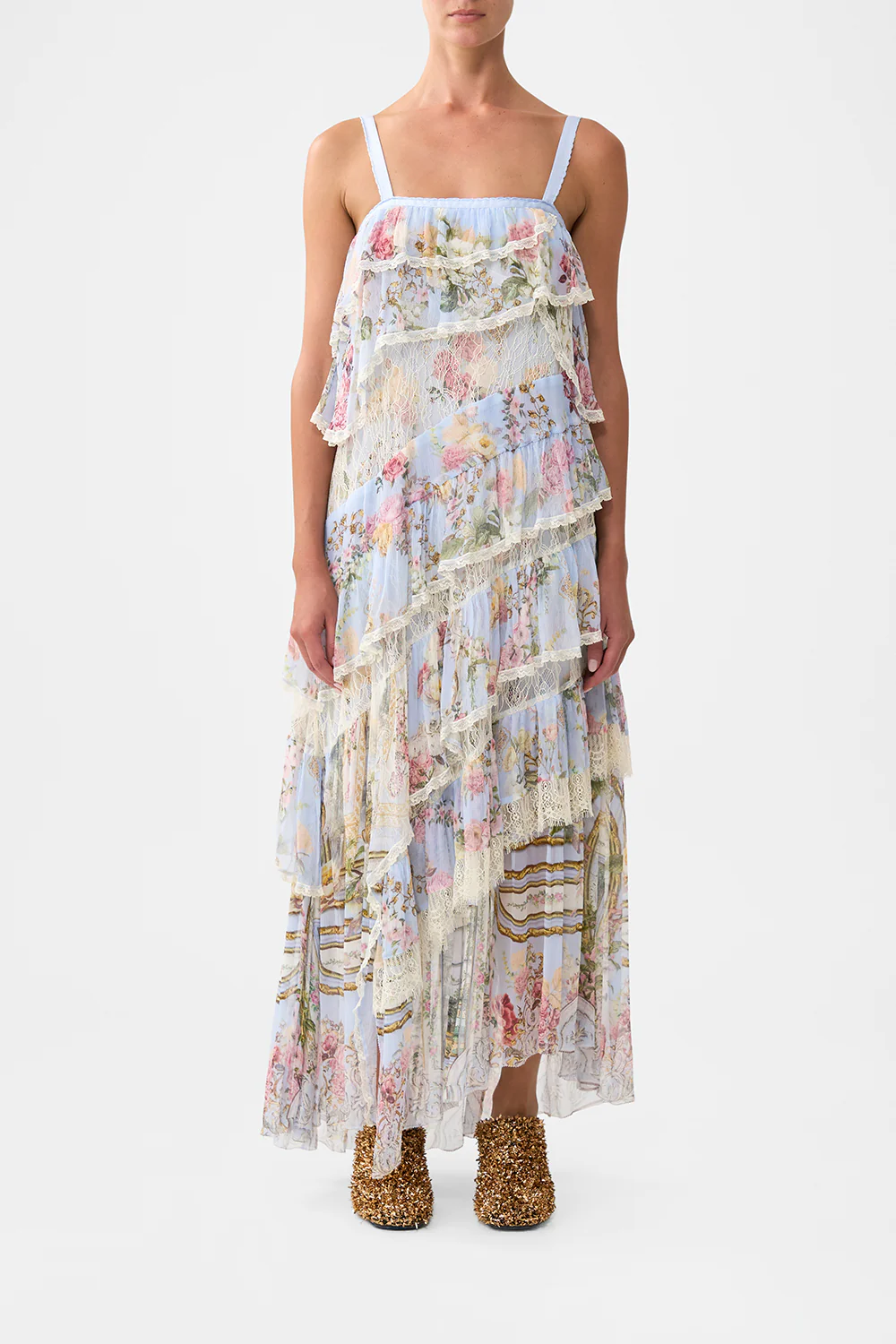 ASYMMETRIC SPLICED LACE DRESS TILED IN TIME
