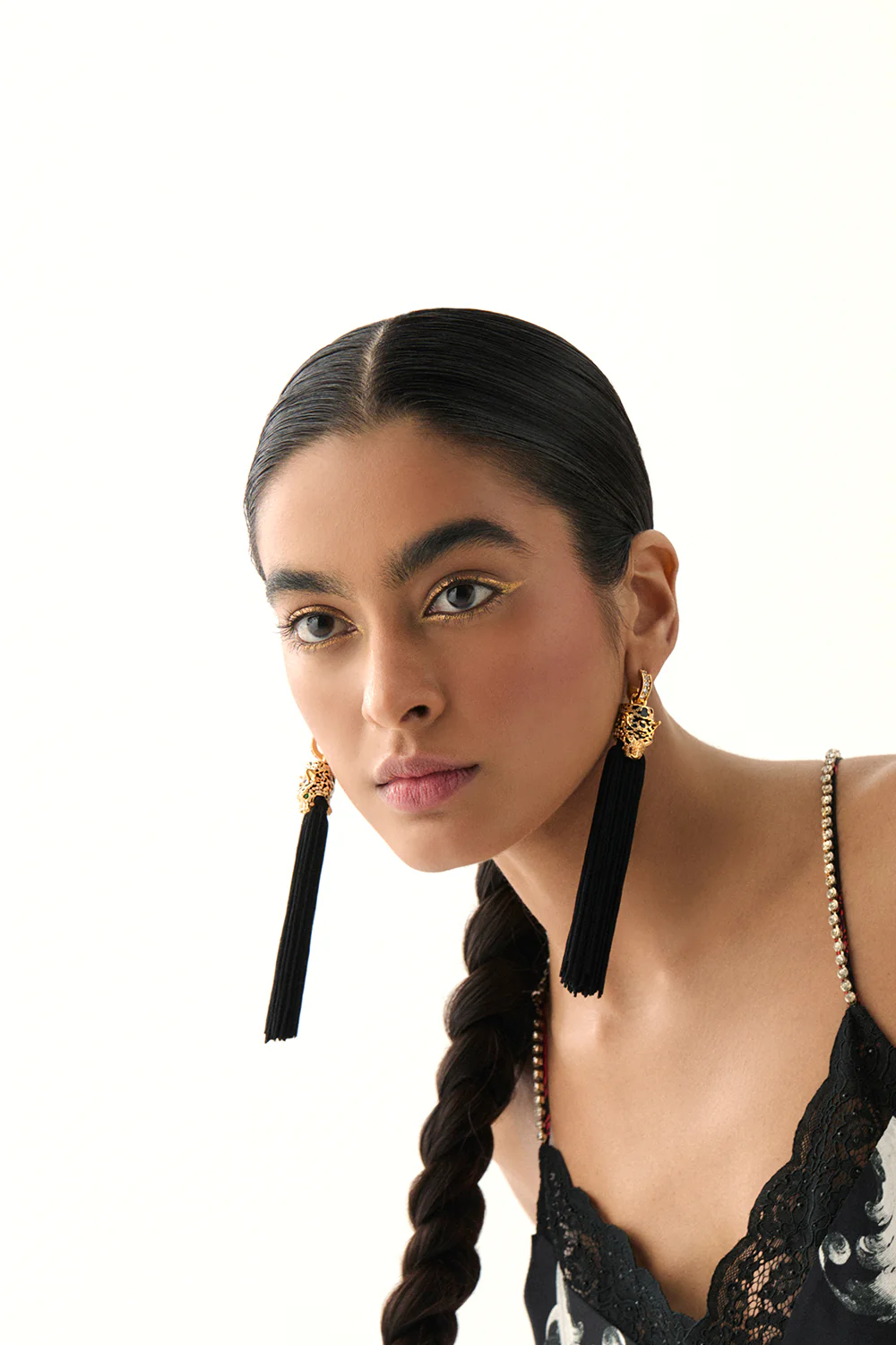 FIERCE FOLKLORE BLACK TASSEL EARRINGS GOLD - Image 3