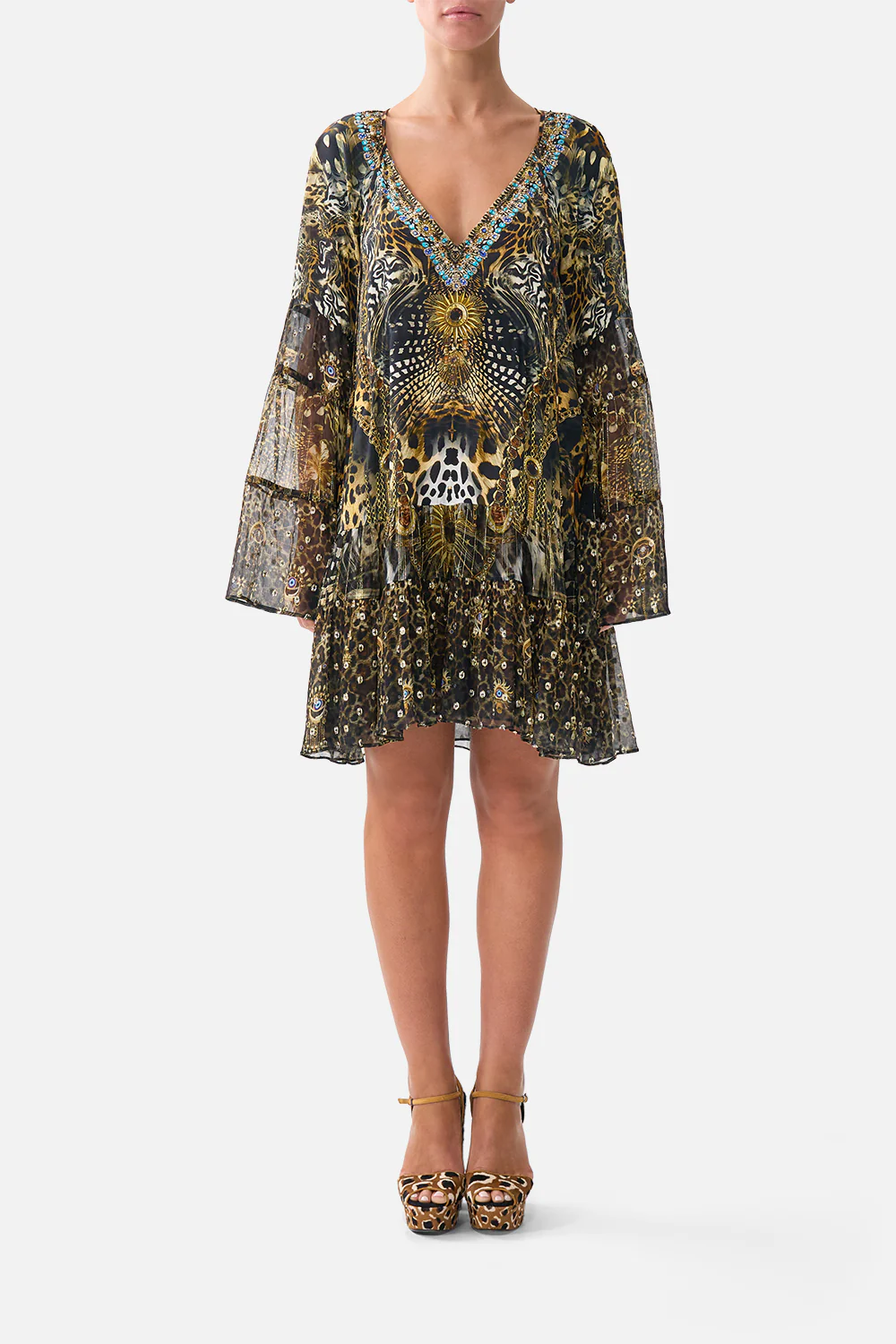 A-LINE GATHERED PANEL DRESS FELINE FOLKLORE