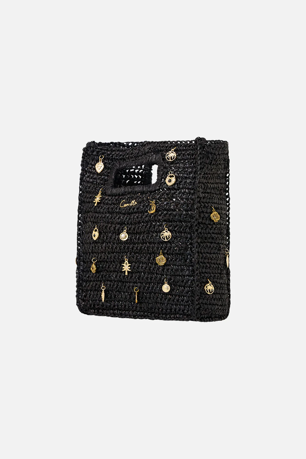 RAFFIA MINI NORTH SOUTH TOTE WITH CHARMS SOLID BLACK - Image 3