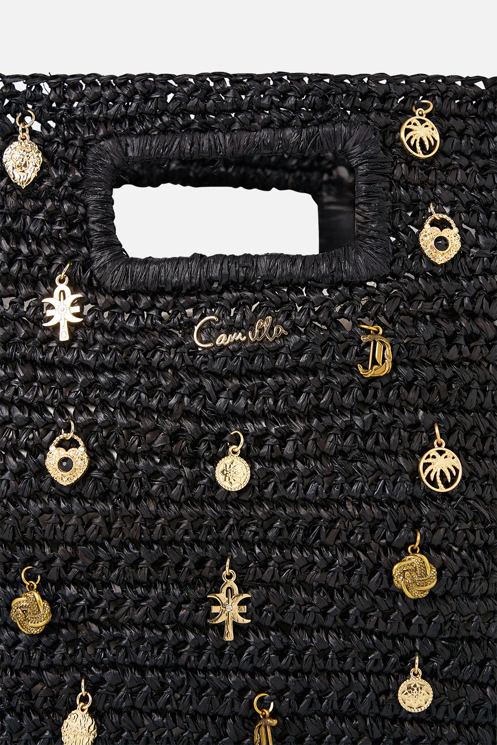 RAFFIA MINI NORTH SOUTH TOTE WITH CHARMS SOLID BLACK - Image 4