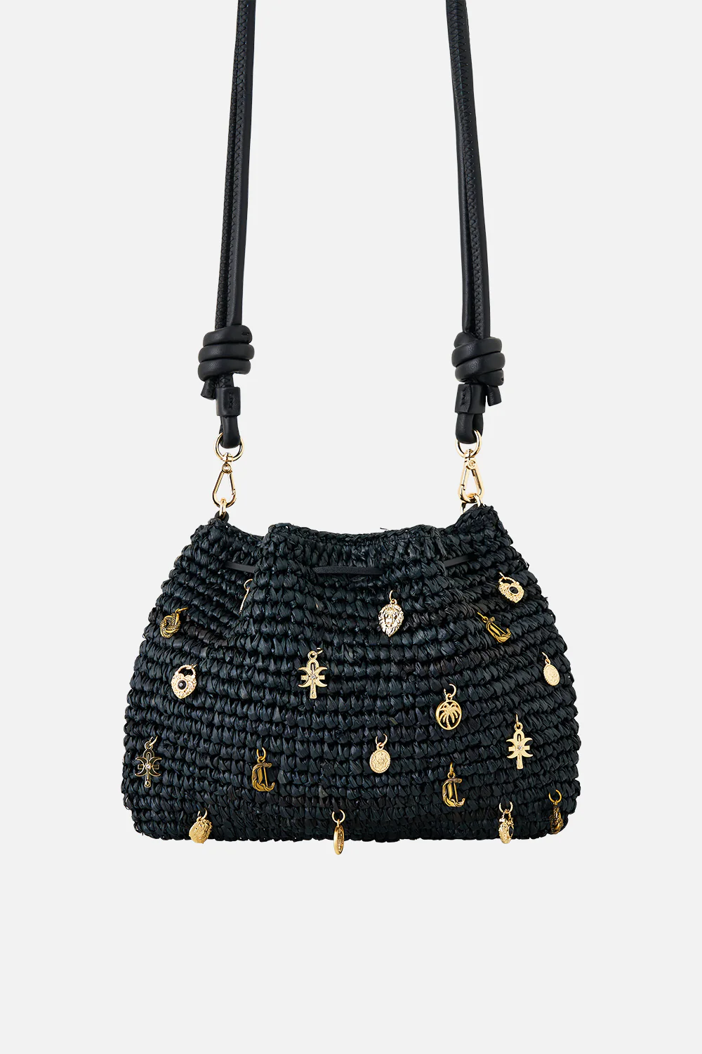 RAFFIA POUCH BAG WITH CHARMS SOLID BLACK - Image 2