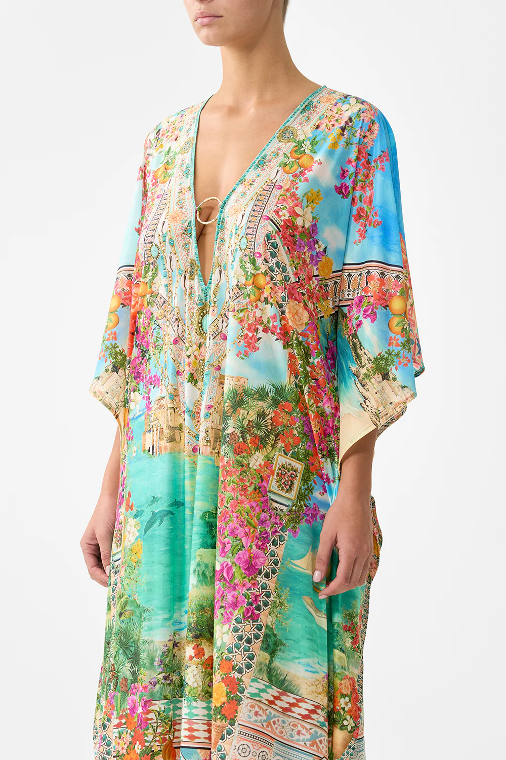 LONG V NECK KAFTAN WITH RING FRONT TRIM MEET ME IN MALLORCA - Image 5