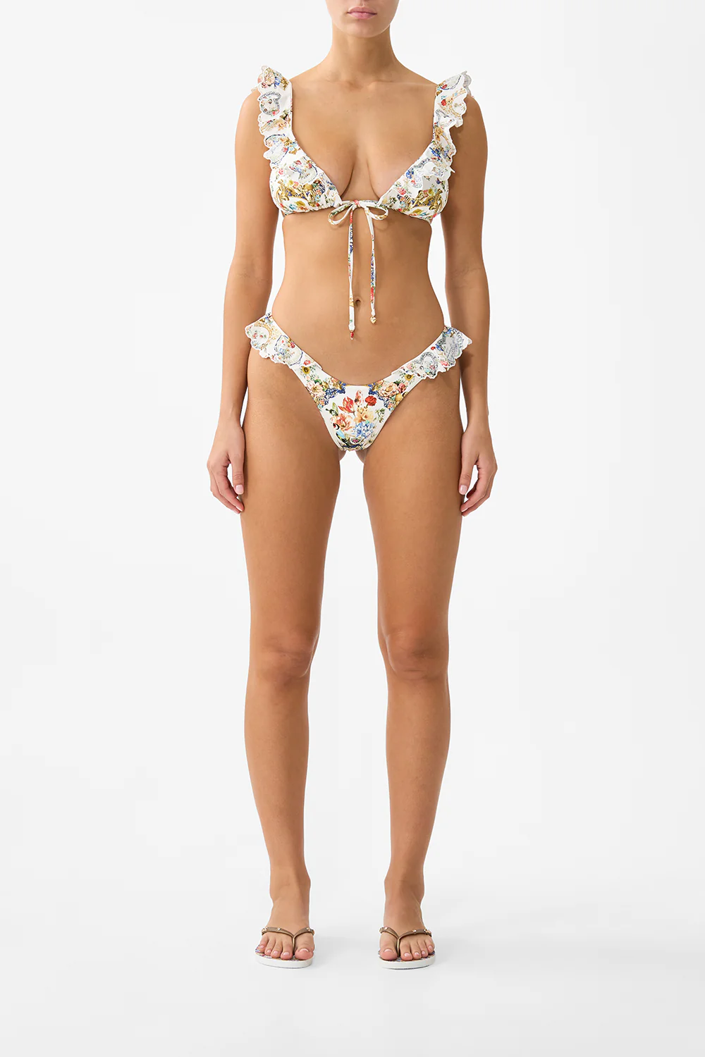 TIE FRONT TRI BIKINI TOP WITH FRILL NECK THE POTTERY PARLOUR
