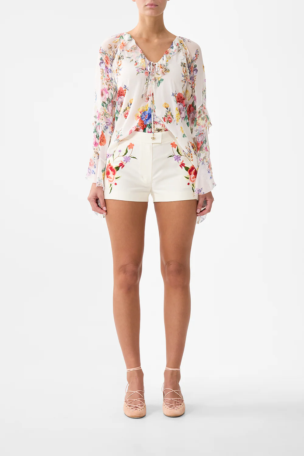 LACE UP V NECK BLOUSE WITH CASCADE RUFFLES I LEFT MY HEART IN GRANADA
