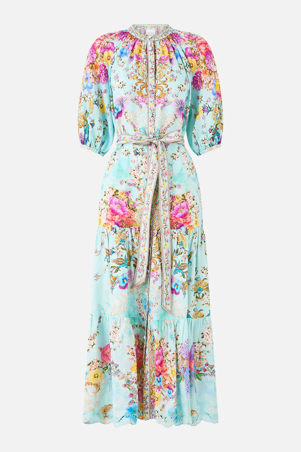 PUFF SLEEVE MIDI SHIRT DRESS WITH TIE BAZAAR BLOOMS - Image 3