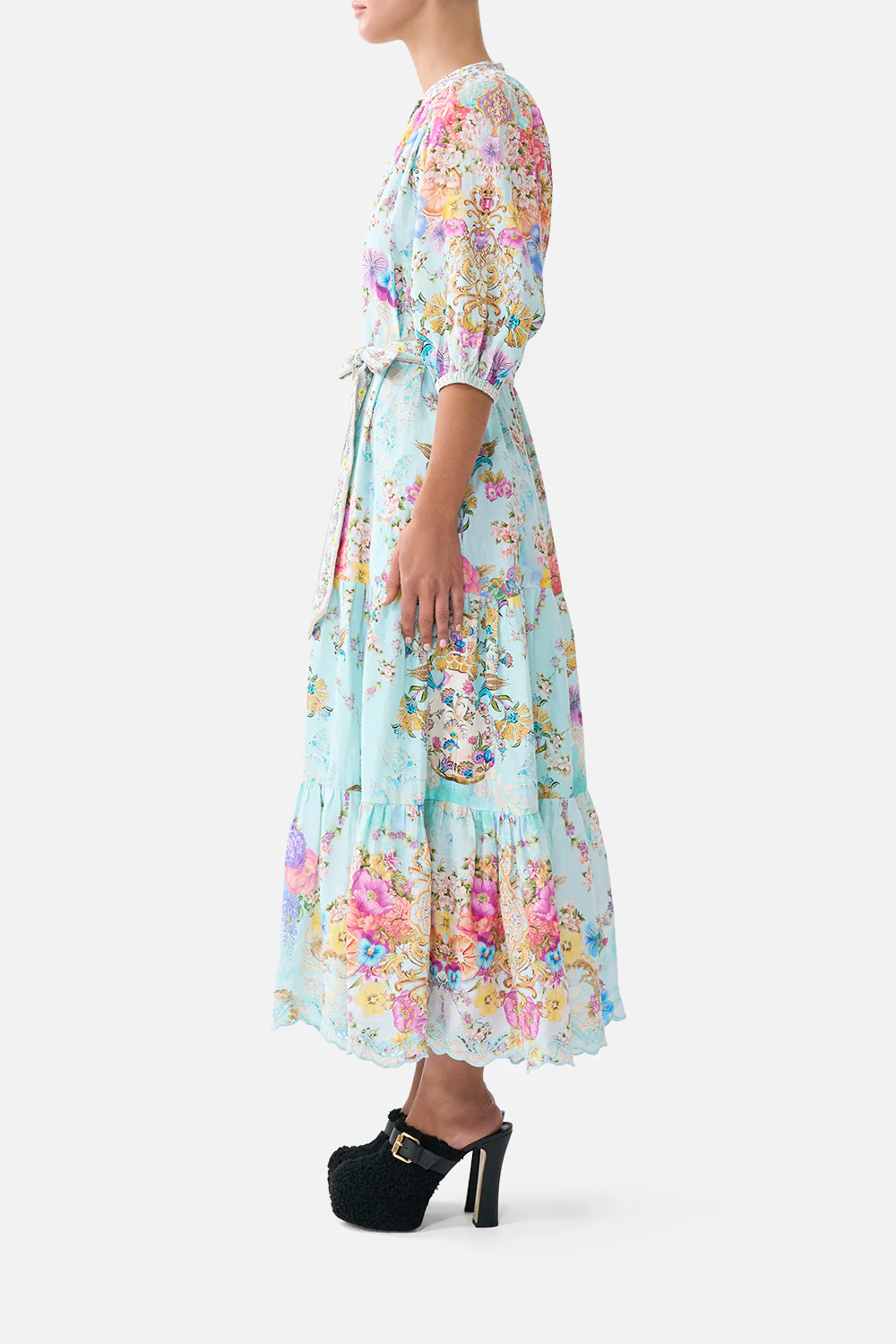PUFF SLEEVE MIDI SHIRT DRESS WITH TIE BAZAAR BLOOMS - Image 4
