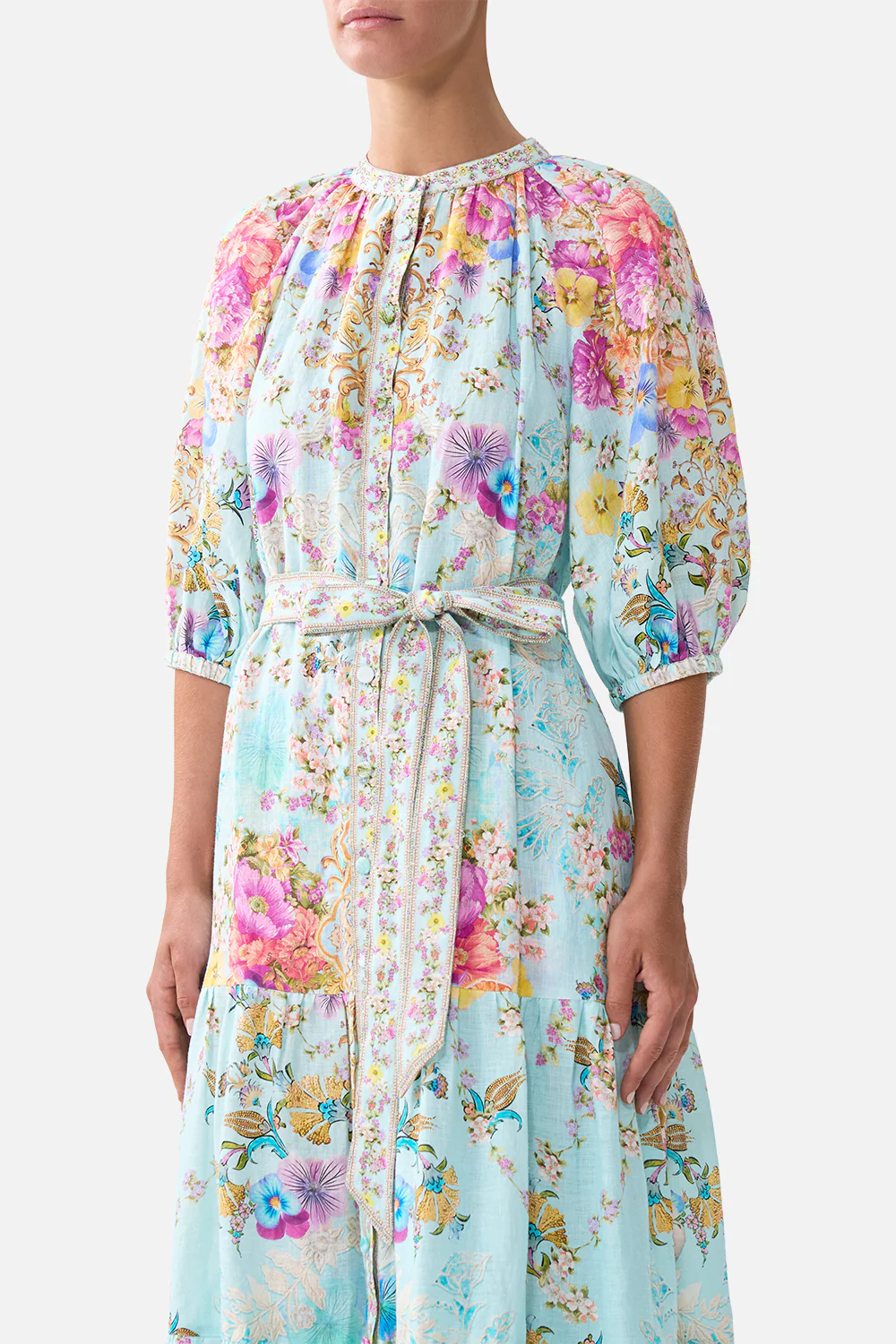 PUFF SLEEVE MIDI SHIRT DRESS WITH TIE BAZAAR BLOOMS - Image 5