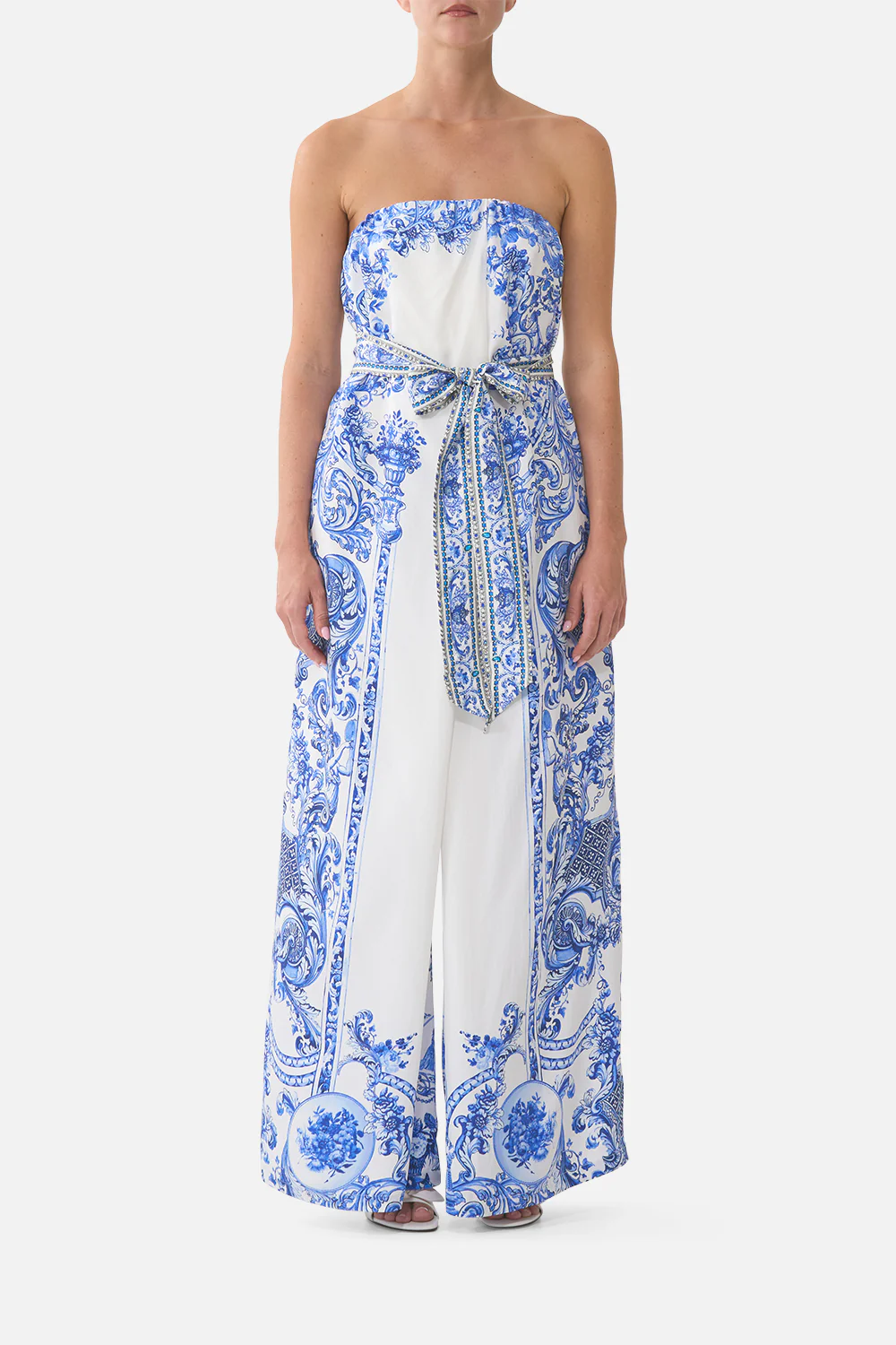 FRONT PLEAT STRAPLESS JUMPSUIT CERAMIC PANORAMIC