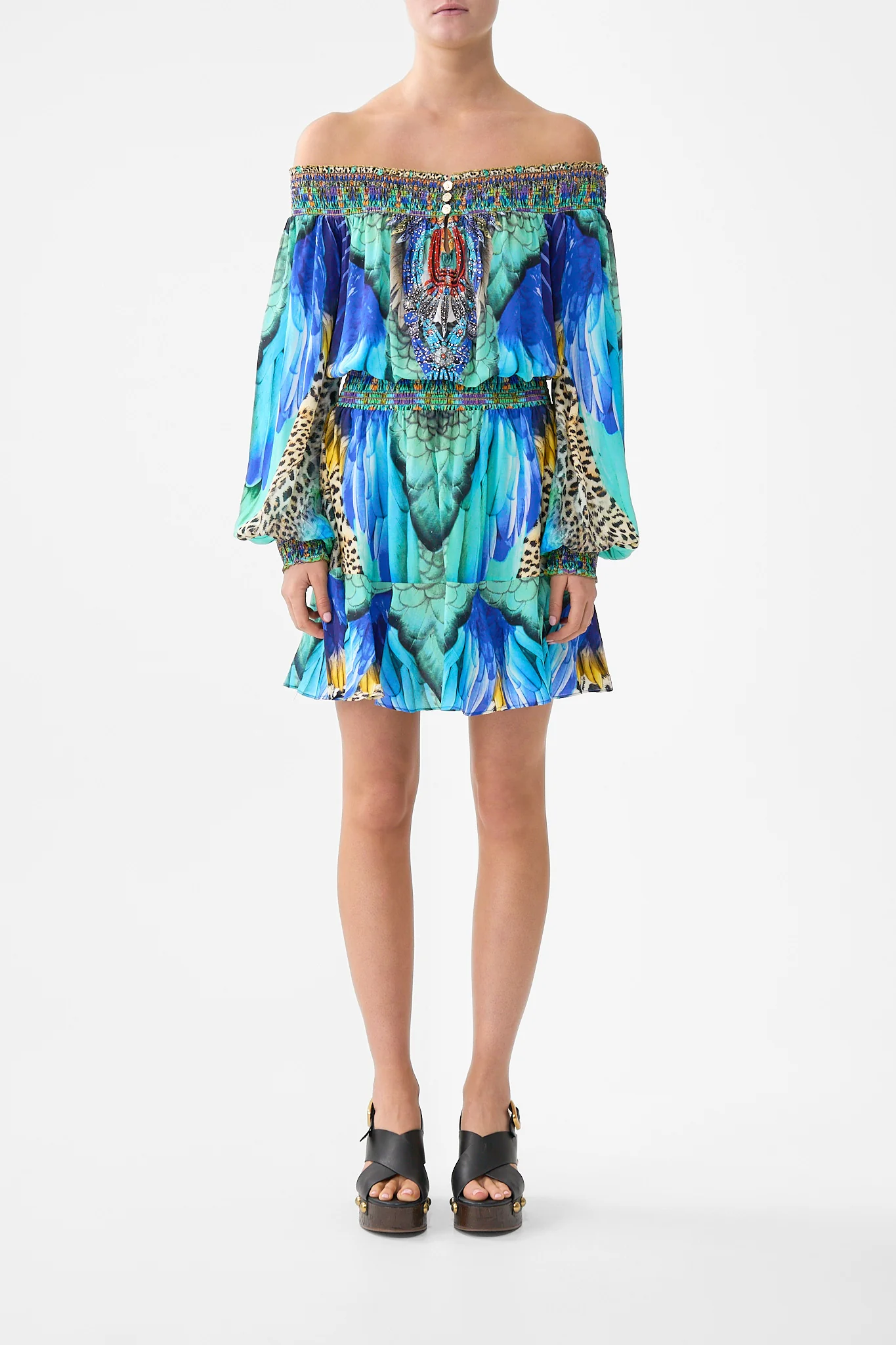 OFF SHOULDER SHORT DRESS JUNGLE FLIGHT